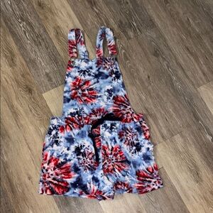 Nowhere in bounds firework, tie-dye overalls size medium 7/9 red, white and blue